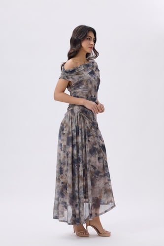 فستان ميدي أوف شولدر بطبعة فنية