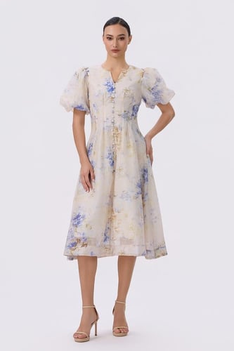 فستان مزهر ميدي بأكمام قصيرة