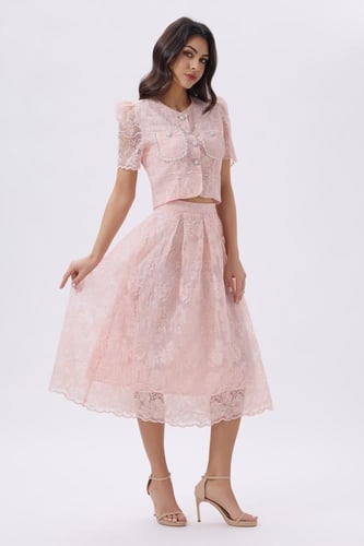طقم وردي تنورة وبلوزة دانتيل للعيد | Prando