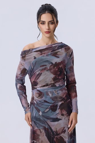 فستان ماكسي شيفون مطبع بكتف مكشوف