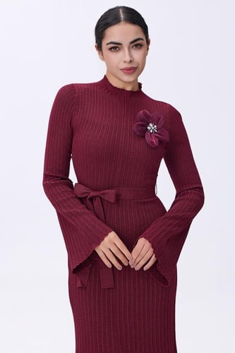 فستان شتوي عنابي استرتش