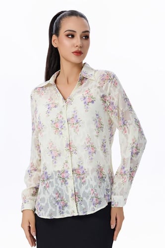 بلوزة ساتان بطبعات وردية