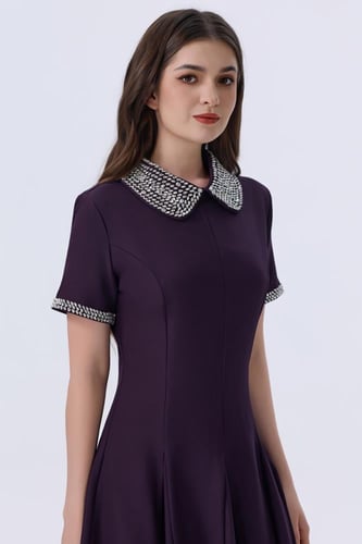 فستان بنفسجي قصير بياقة مزخرفة أنيقة وأكمام قصيرة...