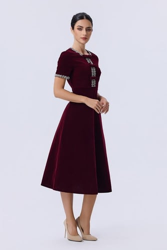 فستان مخملي عنابي بتفاصيل فخمة