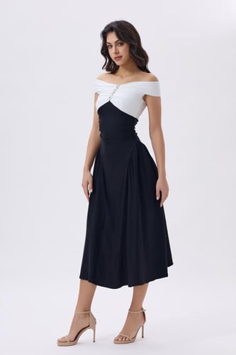 فستان ميدي أبيض وأسود للعيد | فستان أوف شولدر أنيق