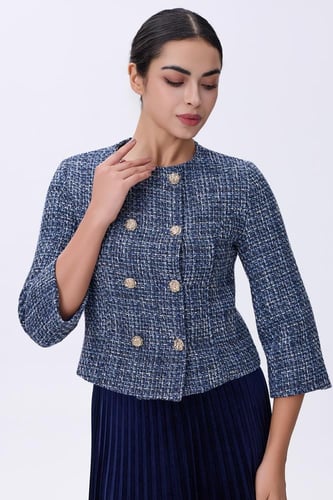 جاكيت تويد أزرق بأزرار ذهبية مزدوجة