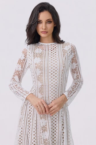 فستان أبيض طويل دانتيل أكمام طويلة | Prando