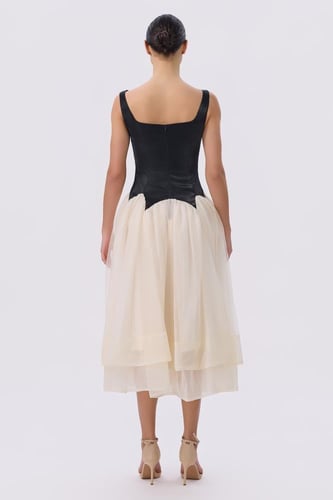 فستان ميدي أسود وعاجي بتول | فستان أنيق للمناسبات