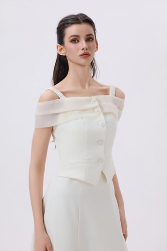 فستان ميدي أوف وايت عاجي أوف شولدر بقصة أنيقة | Pr...