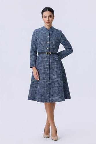 فستان شتوي أزرق بتصميم تويد أنيق