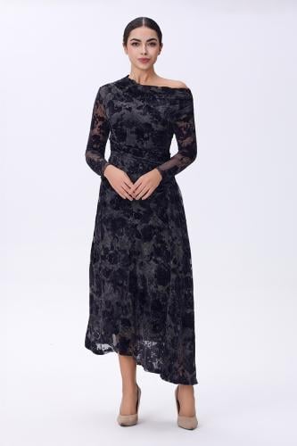 فستان سهرة بكتف مكشوف شيفون مع مخمل