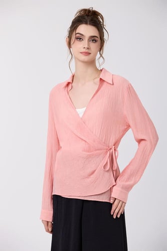 بلوزة شيفون زهري برباط