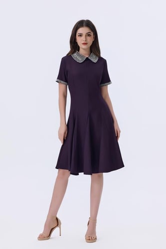 فستان بنفسجي قصير بياقة مزخرفة أنيقة وأكمام قصيرة...