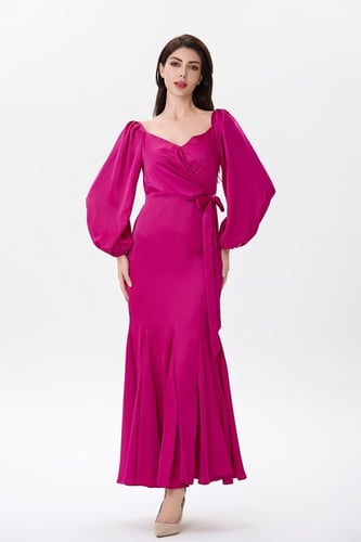 فستان ستان فوشيا مع رباط