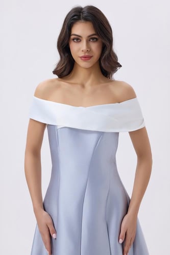فستان ميدي أوف شولدر سماوي وابيض
