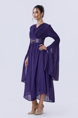 فستان بنفسجي بأكمام كاب واسعة وحزام خصر