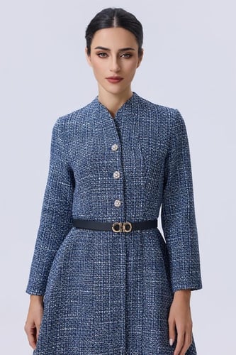 فستان شتوي أزرق بتصميم تويد أنيق