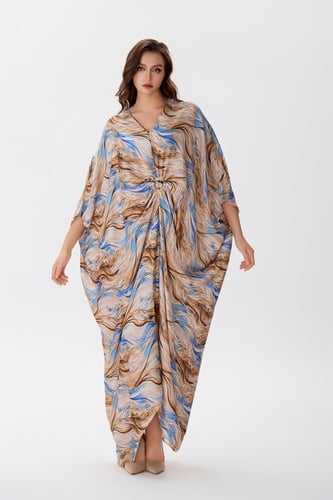 جلابية ستان بتمويجات الأزرق والبيج