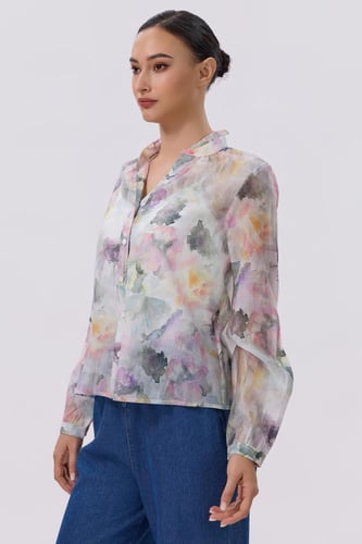بلوزة شفافة بطبعة زهور فاتحه وأكمام طويلة | Prando