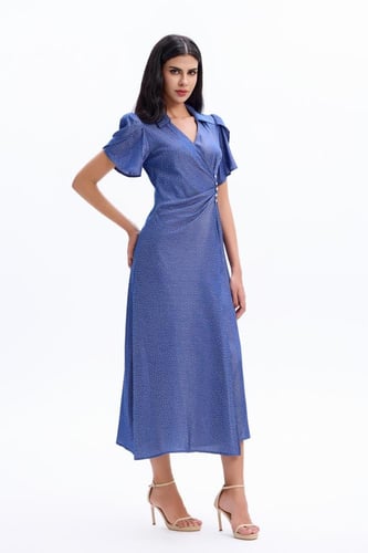 فستان ميدي أزرق بنقشة منقطة لامعة