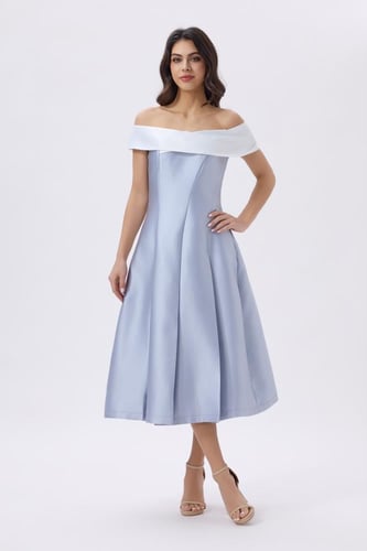 فستان ميدي أوف شولدر سماوي وابيض