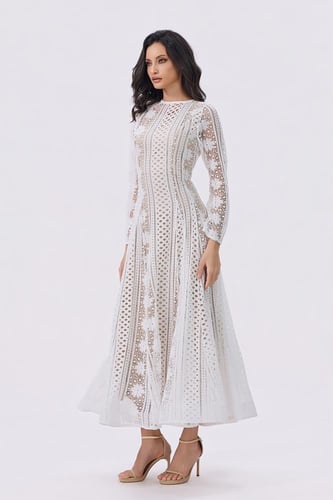 فستان أبيض طويل دانتيل أكمام طويلة | Prando
