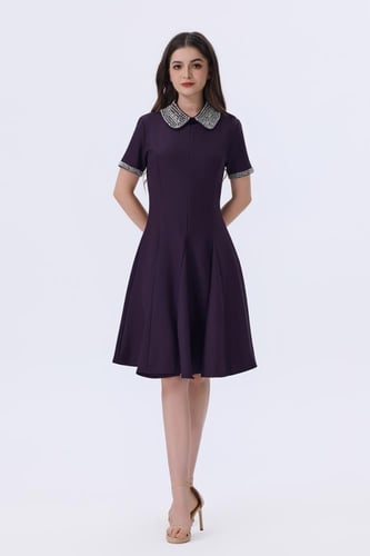 فستان بنفسجي قصير بياقة مزخرفة أنيقة وأكمام قصيرة...