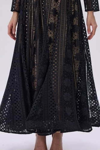 فستان أسود طويل دانتيل أكمام طويلة | Prando