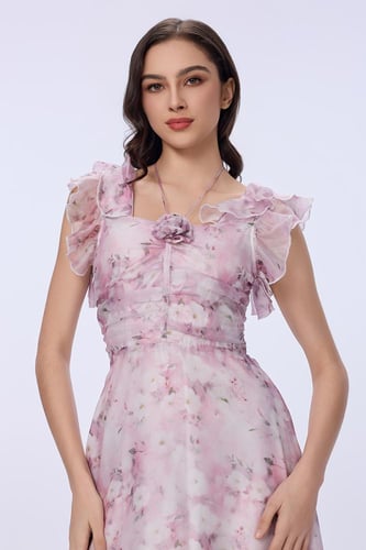 فستان شيفون وردي