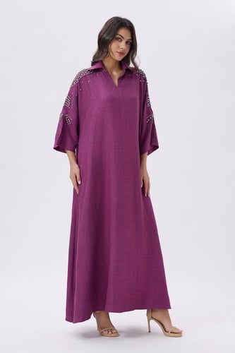 جلابية كتان بنفسجي مع كريستال على الكتف