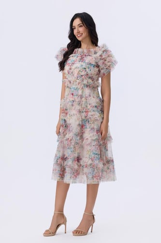 فستان ميدي مزهر بطبقات ناعمة وأكمام كشكش أنثوية |...