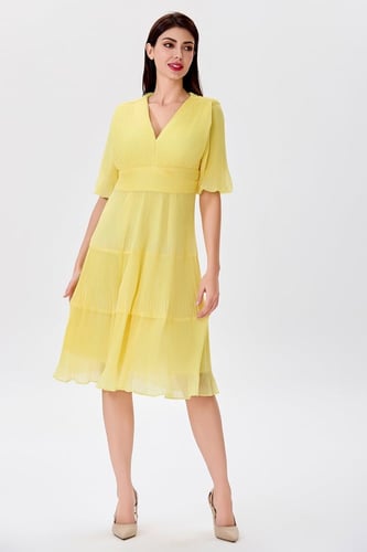 فستان شيفون أصفر بليسية ناعم