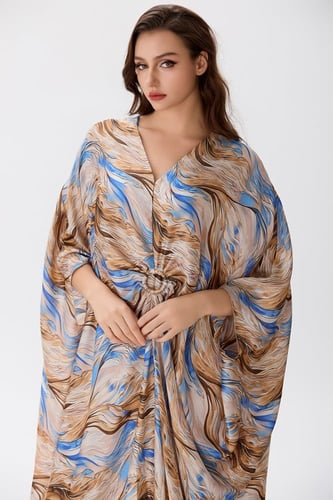 جلابية ستان بتمويجات الأزرق والبيج