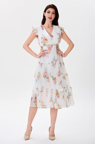 فستان شيفون بليسييه مع كشكش