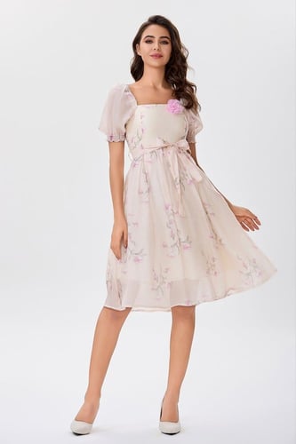 فستان اورغنزا بيج مع وردة