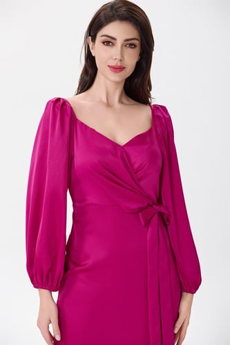 فستان ستان فوشيا مع رباط