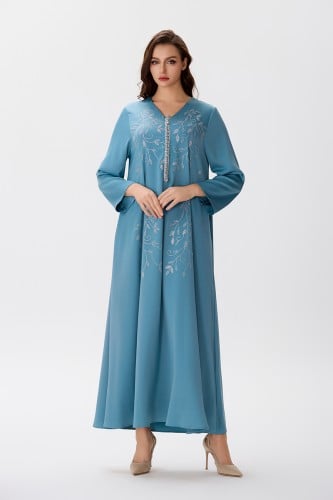 جلابية ستان ازرق بترولي مع إكسسوار