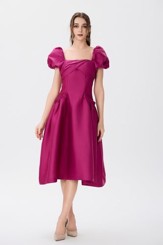 فستان ستان فوشي بكسرات