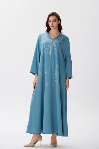 جلابية ستان ازرق بترولي مع إكسسوار