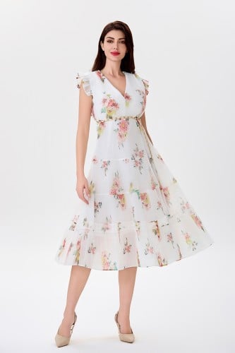 فستان شيفون بليسييه مع كشكش