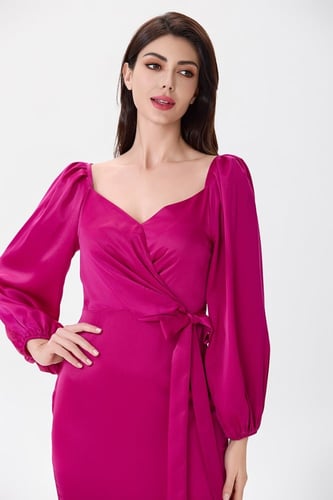 فستان ستان فوشيا مع رباط