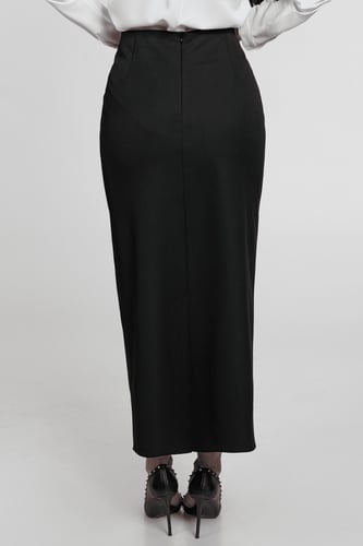 تنورة كريب اسود ميدي بفتحه