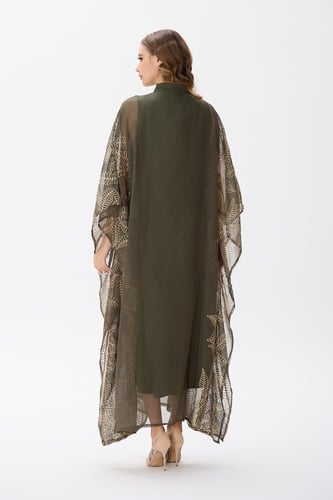 جلابية شيفون زيتي مزينة بتطريز ذهبي