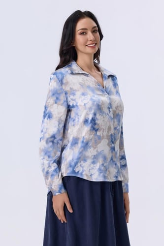 بلوزة زرقاء بطبعة مائية أنيقة وأكمام طويلة | Prand...