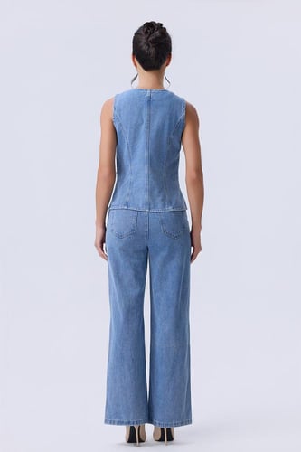 طقم دنيم بلا أكمام مع بنطال واسع