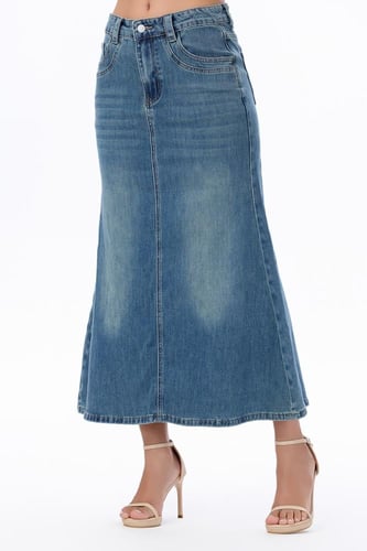 تنورة جينز طويلة بقصة واسعة وخصر عالي | Prando