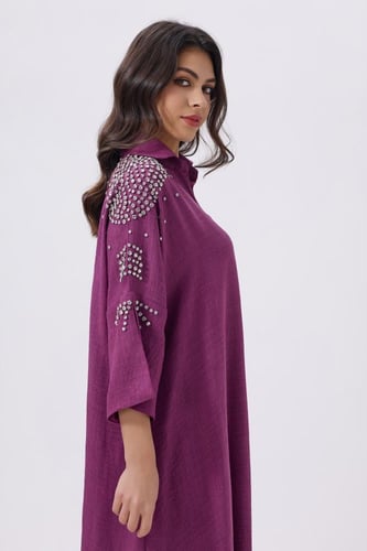 جلابية كتان بنفسجي مع كريستال على الكتف