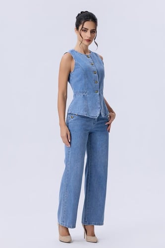 طقم دنيم بلا أكمام مع بنطال واسع