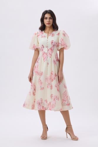 فستان ميدي مورد بأكمام منفوخه