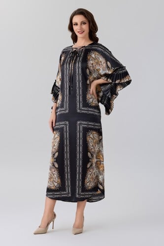 جلابية ستان أسود بنقشات ترابية